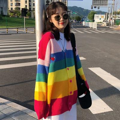 China Anti-wrinkle ladies stretch loose knit loong sleeve V-neck heart pattern color block sunlight rainbow broing cardigan for sale