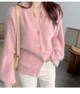 China Anti-wrinkle cute kawaii women knit warm fuzzy pink and white mohair fluffy cardigan for sale