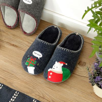 China Fashion Christmas Anti-Slippery Reindeer Snowman Printed Winter Warm Felt Home Shoes Flat Bedroom Slippers For Couples Ladies for sale