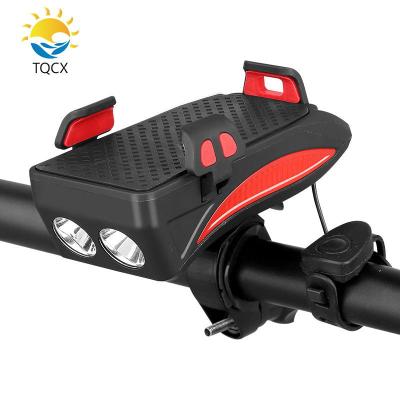 China ABS+PC 2021 4 in 1 Front Light Phone Bracket Bike Horn Light Charging Bank Bicycle Cycling Front Light for sale