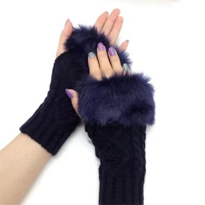 China Hot Sale Acrylic Jacquard Knit Half Finger With Faux Fleece Gloves For Women for sale