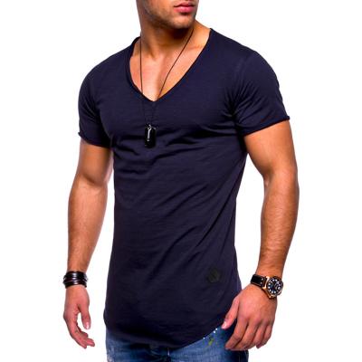 China European short fashion solid color V-neck sleeve waist breathable T-shirt large size men's breathable casual sports T-shirt for sale