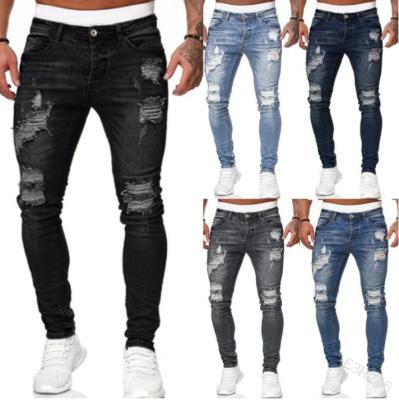 China Men's QUICK DRY jeans skinny stretch with holes and gaiters white slim fit men's fashion lattice denim jeans for sale