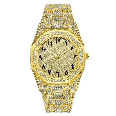 China Luxury Unisex Bling Diamond 18K Gold Plated Watch Full Iced Out Hip Hop Mens Wristwatches Automatic Date Wrist Watch for sale