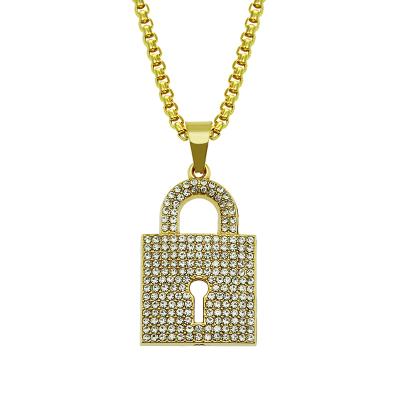 China 2021 CLASSIC Fashion Jewelry Gold Diamond Padlock Hollow Key Hip Hop Mens Necklace for sale