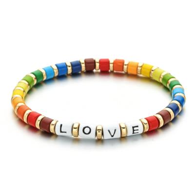 China BOHEMIA Bohemia Letters Enamel Bracelets Customized Neon Color Couple Jewelry Elastic Tube Tile Bead Bracelets for sale