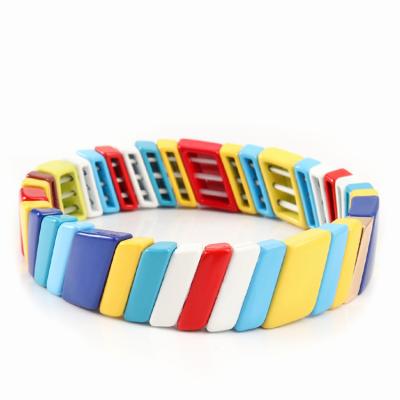 China Multicolor Candy Stretch Bracelet Set Maya Beads Wrap BOHEMIA Rainbow Tile Stackable Bracelet Enamel Metal Metal Bracelet Army for sale