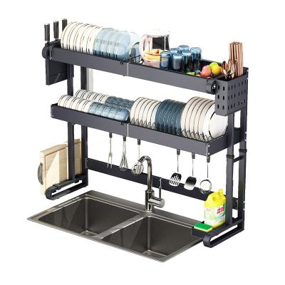 China Mordern Black Kitchen Utensils Knife Storage Rack Sink Rack Stainless Steel Telescopic Lifting Dish Drying Rack for sale