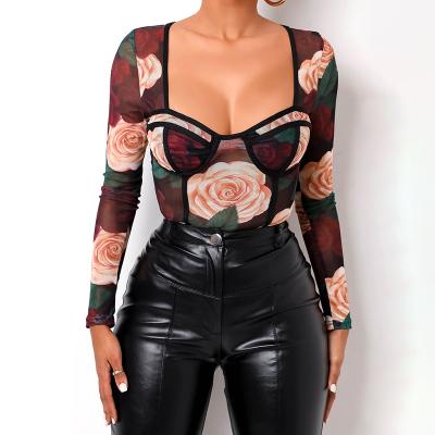 China 2021 Wholesale New Fashion Korean Ladies Breathable Summer Tops Floral Printing Mesh Blouses For Women for sale