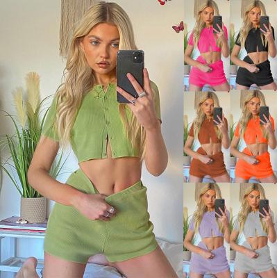 China LANCE Wholesale Anti-wrinkle Summer 2021 New Fashionable Crop Top Shirt Two-piece Short Outfits Set For Women for sale