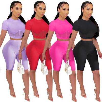 China Wholesale Anti-wrinkle fitness and yoga wear two-piece shirt and mesh solid patchwork cropped briefs set for women for sale