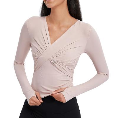 China European and American yoga wear fitness fold breathable sports tops v-neck breathable running long-sleeved lap clothing for sale