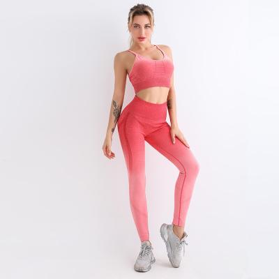 China New Breathable Seamless Pierced Gradient Yoga Set High Waisted Leggings Suit Workout Fitness Slimming Sports Set for sale