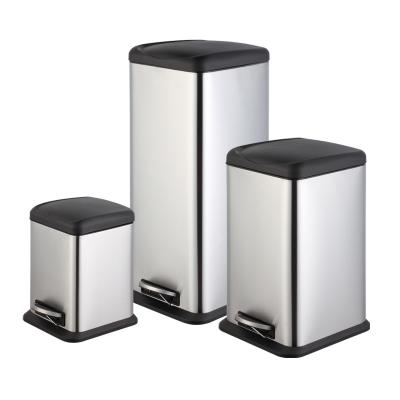 China Durable Stainless Steel Square Rectangular Shape Pedal Trash Can With Plastic Lid And Soft Close Decoration Hotel Home And Bathroom Trash Can for sale