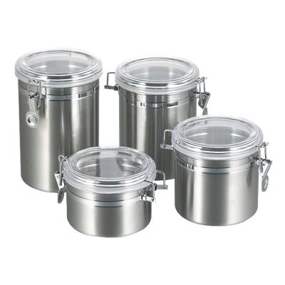 China 4pcs Food Sustainable Sealed Kitchen Stainless Steel Coffee Sugar Tea Bottles Seasoning Jar Food Storage Canister Airtight Round Jar for sale