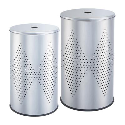 China : dia29.5x55Hcm : B : 35x58Hcm Handcraft stainless steel laundry bin set with lid household round stainless steel metal laundry basket for sale