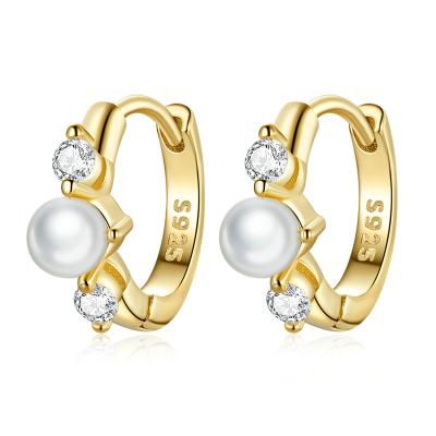 China New FASHIONABLE gold plated real pearl zircon ear studs French silver elegance s925 shell pearl zircon ear studs for sale