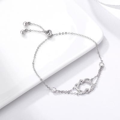 China TRENDY Women's Valentine's Day Gift Inlaid Cubic Zirconia Bracelet s925 Exquisite Thin Sterling Silver Double Heart Mom Bracelet for sale