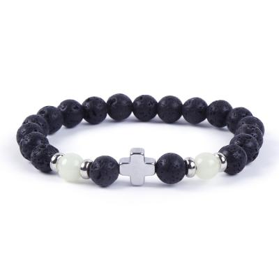 China New Wholesale Casual/Sporting Handmade Luminous Beads Black Volcanic Stone Beaded Hematite Cross Bracelets for sale