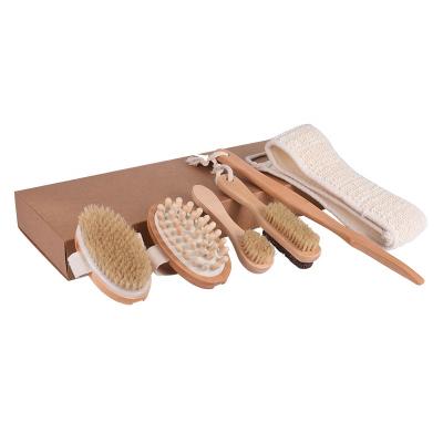 China All Natural 6 Piece Set Body Massager Dry Skin Exfoliating Wooden Bath Spa Facial Brush With Long Handle Bath Belt Detachable Pumice Stone for sale