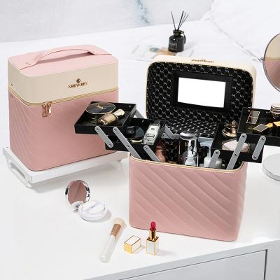 China Large Capacity Lockable Portable Makeup Train Case Box Jewelry Cosmetic Organizer With Keys Mirror for sale