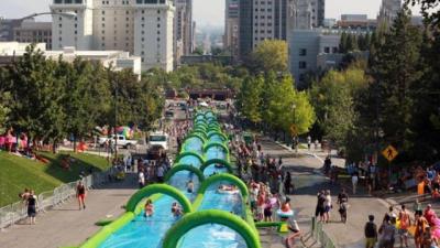 China 300m inflatable water slide dual lane for sale for sale