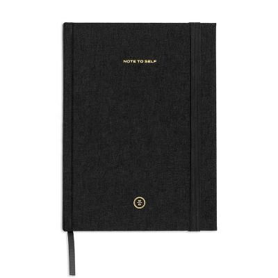 China Custom Hardcover Notebook Logo Printing Linen Fabric Reusable Black Note to Self Canvas A5 Journal with Striped Cream Page and Silk Ribbon for sale