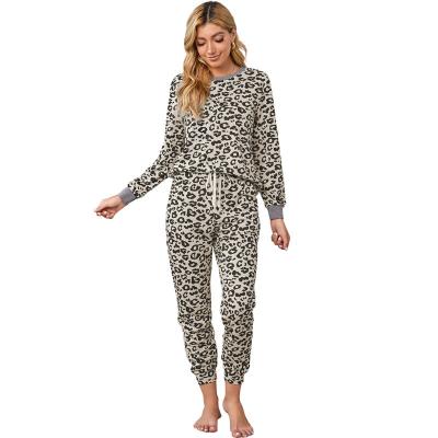 China QUICK DRY Women's Leopard Print Two Piece Pajamas Set Long Sleeve Tops With Drawstring Pajama Bottoms Loungewear Sleepwear for sale