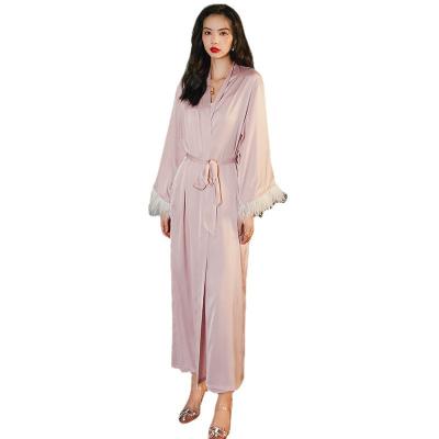 China QUICK DRY Silky Satin Long Robe With Feather Mini Cami And Sleeve PJ Pants 3 Piece Sets Sleepwear For Women for sale