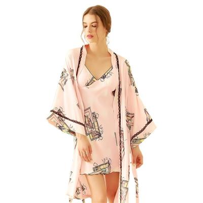 China QUICK DRY Long Sleeve Cardigan Homewear Silk Printed Ladies Slip Nightgown Ladies Two Piece Suit for sale