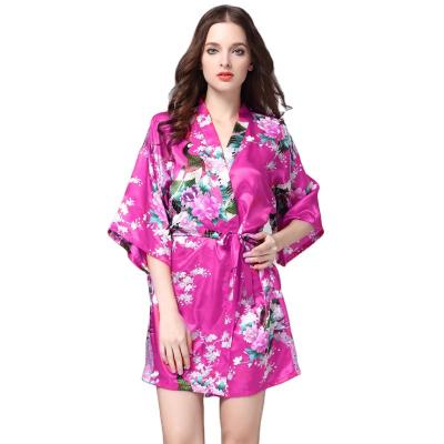 China Fashionable Desinged Half Collar QUICK DRY Cross Sleeve Printed Homewear Women Long Robe Gown Satin Sleepwear for sale