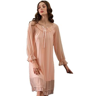 China Luxury Charming Nightgown QUICK DRY Striped Nightgown Sexy Mesh Lace Nightdress Fantasy Women Sleepwear Lower Neck Long Sleeve for sale