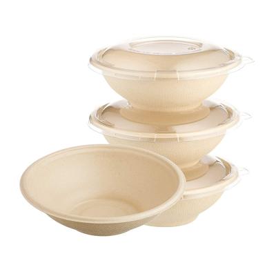 China Minimalist 24oz 32oz 40oz Wholesale Compostable Sugarcane Bagasse Eco-friendly Dinnerware Deep Salad Bowl With Pet Lid for sale