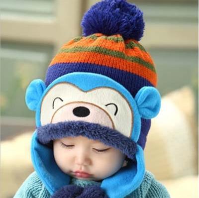 China New Autumn And Winter Baby Cartoon Soft Smooth Feeling Monkey Styling Hat Plus Down Wool Warm Hooded Children's Hat for sale