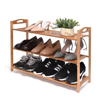 China (Size) Demonstration Adjustable 3 Row Shoe Rack Part Shoe Stretch Wooden Bamboo Luxury Shoe Rack for sale