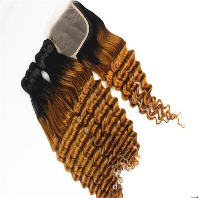 China Body Wave Ombre Dark Roots Hair Bundles With Closure 1b/27 Two Tone Color Virgin Brazilian Hair Weave for sale