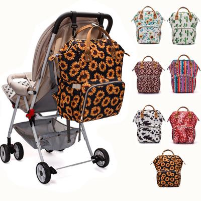 China Water Resistant Amazon Sunflower Tulips Cow Cactus Leopard Printing Diaper Bag Mummy Fashion Large Capacity Multifunction Waterproof Nappy Bag for sale