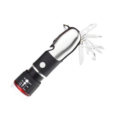 China 7-in-1 Multifunctional Camping Tool LED Flashlight Outdoor Camping Accessory with Safety Hammer Wrench Scissor Screwdriver for sale