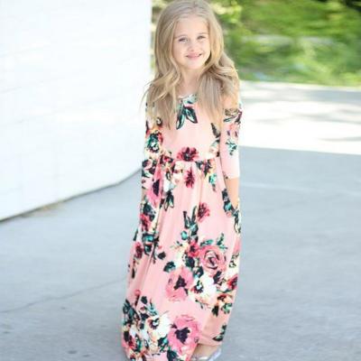 China New Style Breathable Kids Floral Dress Princess Pink Children Cotton Long Dresses For Girls for sale