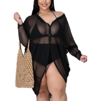 China Plus Size Women Clothing Anti-Shrink Dress For Fat Black See Through Long Sleeve Cover-Up Blouse for sale