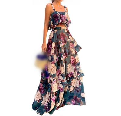 China Crop Sustainable Wholesale Two Piece Top And Maxi Skirt Sets Layered Floral Ruffle Cake Dress for sale