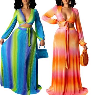 China Anti-pilling Women Crop Set Two Piece Top And Rainbow Striped Mesh Skirt Sheer Maxi Dress Fashion Show for sale