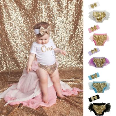 China Color Western Fade Proof 2022 Baby Sequins Shorts Multicolor Outfits Kids Clothing Lace Kids Bloomers Tutu Ruffle Shorts With Headband Set for sale