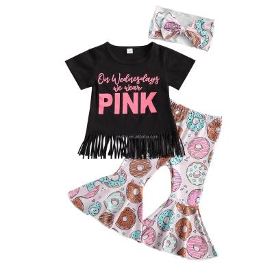 China Anti-pilling Low MOQ Kid Boutique Outfits Donut Print Short Sleeve T-shirt Bell-bottom Pants Casual 3 Piece Headband Kids Clothes Set for sale