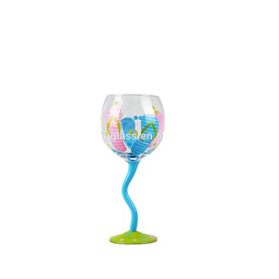 China New Design Novelty Twist Rod Viable Crystal Wine Glass Goblet Hand Painted Wine Glass for sale