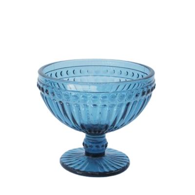 China Daily Life Blue Color Embossed Glass Bowl Ice Cream Cup Salad Dessert Bowl for sale