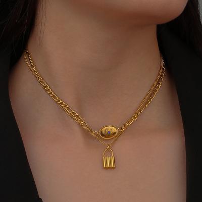 China NEULRY FASHIONABLE Temperament Stainless Steel Gold Plated Double Chain Demon Lock Pendant Necklace for sale