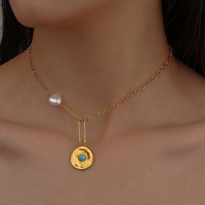 China NEULRY Cute Fashion High Quality Stainless Steel Gold Chain Love Imitation Pearl Turquoise Necklace for sale