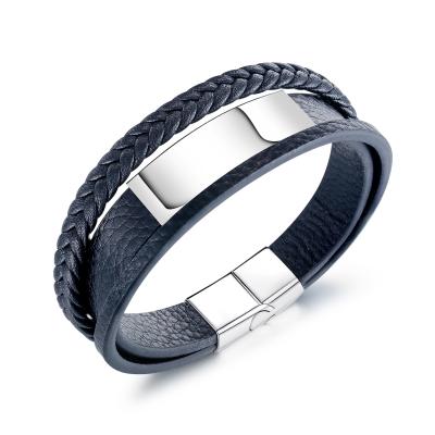 China Wholesale Simple Stainless Steel Metal Plate Customize Engraved Men Bracelet Leather Bangle Men for sale