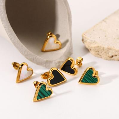 China NEULRY FASHIONABLE Natural Stone Shell Green Malachite White Ove Shape Women Stainless Steel Heart Stud Earrings for sale